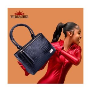 WILDLEATHER Women's Genuine Leather Shoulder Bag – Crocodile Embossed Pattern Tote Bag with Front Zip Pocket & Detachable Crossbody Strap (LSG115-2011)