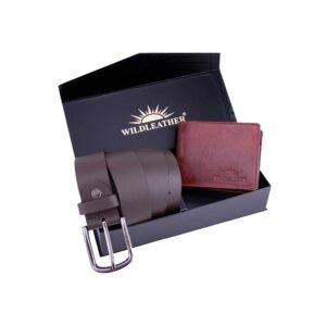 Wildleather Men's Leather Accessory Gift Box – Dark Brown Pin-Buckle Belt & Burgundy Bifold Wallet Set (CMB110-103)