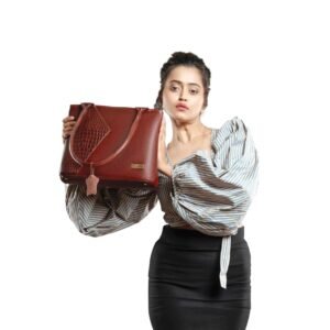 WILDLEATHER Women's Genuine Leather Shoulder Bag – Textured Crocodile Accent Tote Handbag with Multi-Compartment Interior & Metal Base Studs (LSD115-2051)